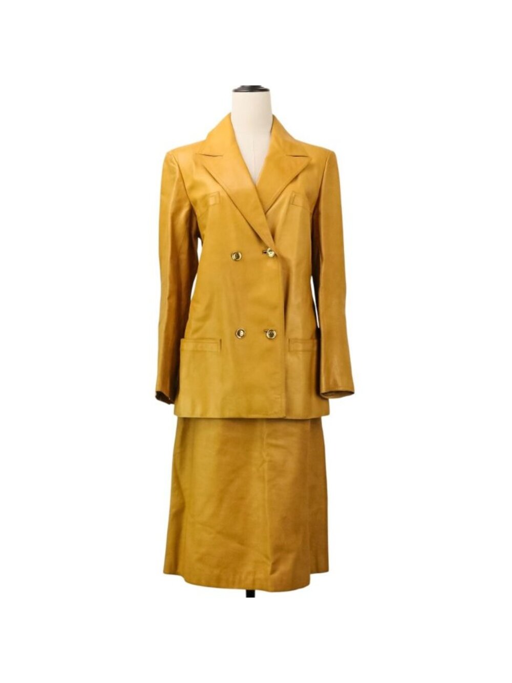 Gucci Vintage Leather Tailored Jacket Skirt Suit Set 48 Yellow Spring Summer 46